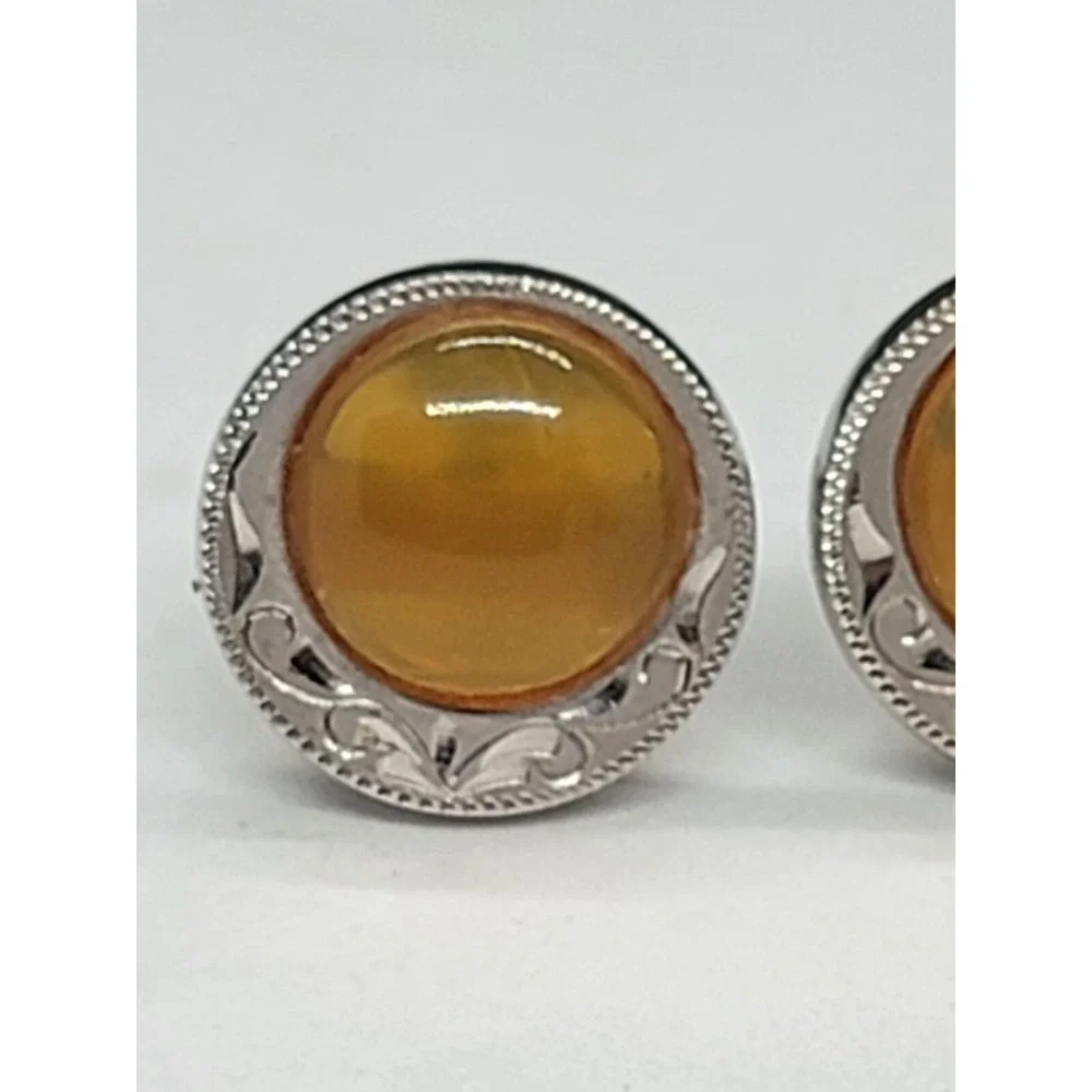 Set Of Baltic Amber Etched Scroll Cuff Links Marked 